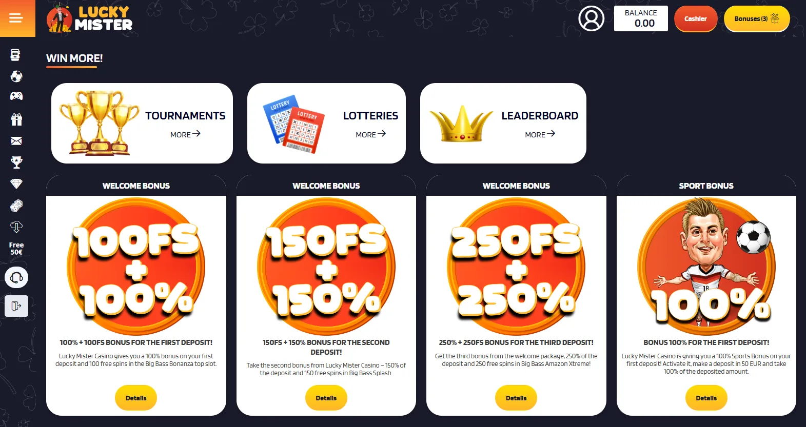 Welcome pack Lucky Mister Casino for new UK players